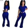 CM.YAYA Fashion Solid Women's Set Short Sleeve T-Shirt Wide Leg Flare Finny Pants Jogger Suit Two Piece Set Tracksuit Outfits T200826