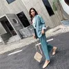 Colorfaith 2020 New Spring Woman Sets 2 Piece Matchande Wide Ben Byxor Casual Knappar Hög Elastisk Midja Office Lady Suit T200704