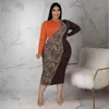 Платья плюс размеры 2022 Женские леопардовые пэчворки с длинным рукавом o-вырезок Bodycon Midi Maxi платья одежда 274z