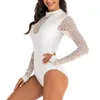 Riseado Rash Guard Long Sleeved One Piece Swimsuits Swimming Surfing Suits Sexy Mesh Swimwear Women See Through Beachwear T200708