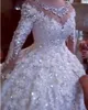 Bridal Gown New Arabic Dubai Crystal Wedding Dress 2023 Full Sleeves Beaded Puffy 3D Flower Lace Wedding Gowns Robe De Mariee231k