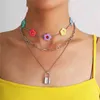 Fashion Necklace for Women Multi Layers Silver Color Zinc Alloy Necklace Lock Acrylic Flowers Pendants Femme Jewelry