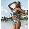 Swimwear Alto Cintura Nova Folha Impressão Biquinis Mulheres Swimsuit Vintage Vintage Retro Banhing Suit Halter Biquini Maillot de Bain Femme LJ200825