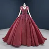 Burgundy Lace Ball Gown Gothic Wedding Dresses Long Sleeves Corset Back Heavily Beading Non White Colored Bridal Gowns Couture