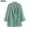 Femmes Solide Couleur Long Blazer Veste À Manches Plissées Lâche Manteau Bureau Dame Travail Style Petit Costume Seul Bouton Blazer 201023