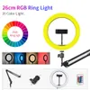 Photographie 10 pouces LED Selfie anneau lumineux avec bureau Long bras support pour téléphone Dimmable RGB Ringlight lampe de maquillage pour vidéo Selfie