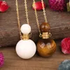 Natural Tiger Eye White Tridacna Stone Round Essential Oil Parfym Bottle Pendant Women Crystal Diffuser Gold Necklace Jewelry1264D