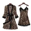 4 unids set lencería de verano pijamas para mujeres conjuntos de batas sexy satinado seda leopardo estampado ropa de dormir vestido albornoz traje conjuntos1