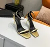 Brev Metal Heel 8.5cm Sandaler Lyxig designer Stil Patentläder Thriller Högklackat Kvinnors Unika Klänning Bröllop Skor Sexig Klänning Skicka Box Storlek 35-42