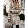 Damesmode Plaid Houndstooth Printing Lange Jas Revers Trench Coat Overjas Winter Faux Wol Jas Dames Abrigos Mujer
