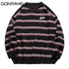Gonthwid Harajuku Stripe Jumpers Jumpers Sweaters Streetwear Hip Hop Casual Pulôver Malhas Mens Mens Moda Grupo Pescoço Tops 201221