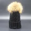Gorro/crânio tampa de inverno super grande tamanho pom fur 18cm genuíno hat de racco de cor de malha de malha de malha exportada gorros torcidos unissex quente Davi22