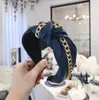 New Fashion High Quality PU Leather Hairband Wide Side Headband Women Shining Gold Chain Headwear Casual Hair Accessories