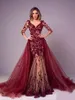Nowy Burgundia Suknie Wieczorowe Odpinany Pociąg Kwiaty Dubai Kaftan Saudyjska Arabska Elegancka Sukienka Formalna Muzułmańska Robe De Soirée