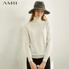 Amii hiver mode solide col roulé doux pull bleu crème femmes casual manches longues pull en tricot doux hauts 11970812 201224