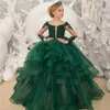 Långärmade bollkakor mörkgrön blomma flicka klänningar pärlstav applique spets communion dress pageant klänningar för tjejer
