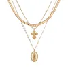 Gold Hollow Out Figur Tre - Tier Halsband Personlighet Design Cross Pendant Pearl Chain