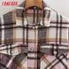 Tangada 여자 분홍색 격자 무늬 패턴 긴 코트 재킷 느슨한 긴 소매 포켓 레이디스 우아한 오버 코트 2w42 201215