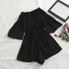 Joinyouth Kvinnor Sexig Off Shoulder Playsuits Cross Lace Upp Koreanska Chic Solid Rompers Fashion Stretch Slim Waist Jumpsuits 58735 T200704