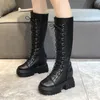 2020 Новые зимние сапоги женские колены высокие длинные сапоги Сплит из кожи мода на шнуровке нескользкие черные туфли женщины Botas Mujer