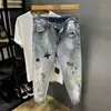 Men's Jeans Spring Summer 2022 Printed Denim Trend Ripped Ankle Length Pants Korean Loose Harem Hip-hop Scratched Feet