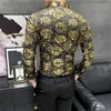 Корейская одежда Осень мужская длинные рукава рубашки платья золотые серебряные напечатанные цветочные рубашки мужчины Огромные церенные высокое качество C1212