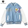 Aolamegs Furry Big Letter Daisy Flowers Patch Leather Patchwork Baseball Jacket Men Autumn College Style Bomber Jackets Coat Men 220212