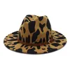 Wide Brim Hats 2021 Men Women Wool Felt Leopard Print Fedora With Belt Buckle Vintage Flat Two Tone Panama Trilby Cap Hat