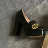 Clássico couro designer mulher sapatos sexy bar banquete princesa casamento senhora super grosso sapato de salto alto 10 cm fivela de metal 100% couro preto ouro saltos altos tamanho 35-41