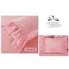 Koreaanse roze prinses beddengoed sets sprei 4/6 / 8 stks jacquard satijn zijden dekbedovertrek ruches kant beddclothes bed rok katoen T200706