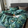 Nordic Style Sängkläder Tropiska Växter Utskrift Tvättad Silke Drottning King Storlek Duvet Cover Sängkläder Fitted Sheet Pillowcases 201021