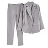 Mvgirlru office dame werk broek pakken vrouwen slanke lange mouwen sjerpen blazer + rechte broek elegante twee stuk set T200702