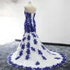 Abiti da sposa a sirena in pizzo applique blu royal senza spalline con paillettes in rilievo Abito da sposa taglie forti per la festa da sposa personalizzata Fo291U