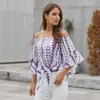 Off Ombro Verão Boho Womens Roupas Colorblock Tops Loose Metade Sleeved Strapless Knotted Shirts Senhoras Impressa Blusas T200616