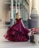 2021 Ny billig Burgundy Sequined Lace Bling Girls Pageant Klänningar Prinsessan 3D Floral Appliques Tiered Kids Flower Girls Dress Födelsedagklänningar