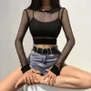 Sexy Fishnet Women Crop Top Summer Brazilian Solid Mesh T Shirts For Long Sleeve Tees