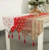 Burlap Christmas Printing Table Runner Table Cloth with Tassels Rustic Holiday Table Linen Runner Indoor Outdoor Party Placemat Decorations