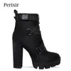 Perixir Platform Ankle Boots Women 12cm Thick Heel Platform Boots Fashion Ladies Autumn Winter Worker Shoes Black Big Size 3643 201105