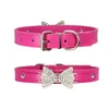 PU Leather Dog Collar With Bling Rhinestone Bow Adjustable Pets Collars for Small Medium Large Dogs Puppy Pet Supplies XXS-L WLY BH4516