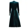 Casual Dresses Lace Overlay Green / Black Velvet Vintage Dress Front Buttons Stand Collar Long Sleeved Draped Knee Length Plus Size Dress1