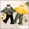 Ensembles de vêtements bébé enfants bébé, maternité filles fleur floral tenues infantile tout-petit tournesol imprimé hauts + pantalon évasé + bandeau 3 pièces/ensembles Sp