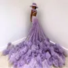 Purple Mermaid Prom Dress Chic Ruffles Tulle Appliqued Lace Evening Dresses Sweep Train Sexy Backless Party Dress Custom Made robe de soiree
