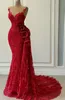 2020 Arabic Aso Ebi Red Luxurious Mermaid Evening Dresses Sheer Neck Prom Dresses Lace Beaded Formal Party Second Reception Gowns ZJ493