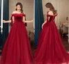 New Fashion Dark Red A Line Prom Dresses Off Shoulder Velvet Top Tulle Special Occasion Dresses Formal Dress Evening Gowns with Sashes