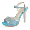 Vente chaude-sexy talons hauts dames sandales Peep Toe bride à la cheville femmes chaussures diamant cristaux chaussures de mariage mariée bleu doré