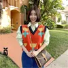 Vintage Woman Jersey Korean Casual V-Neck Hit Color Sleeveless Floral Sweater Vest Female Oversized All Match Waistcoat YYQX069