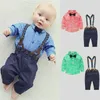 Conjuntos de roupas masculinas para meninos primavera outono infantil meninos camisa xadrez + calça jeans suspensório conjunto de 2 peças roupas infantis