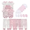 Unisex neonato neonato vestiti tute pantaloni cappelli guanti vestiti per neonata set di abbigliamento in cotone Y11139277591