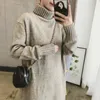 Túnica cálida invierno Beige suéter de cuello alto vestido de mujer liso Casual vestidos largos de punto otoño ropa de mujer moda coreana 210203