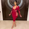 Casual Dresses Beyprern Chic Autumn Womens Long Sleeve Cut Out Caged Dress Sexy Deep V Neck Bodycon Party Club Midi Chirstmas Outfits